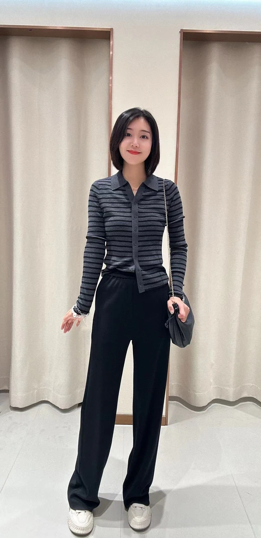 灰色条纹衬衫领开衫