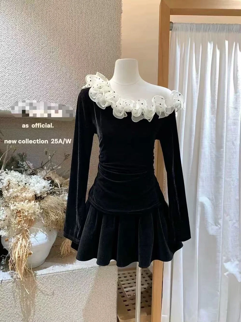 Coriander 香菜波点花边一字肩纯欲风T恤6825911