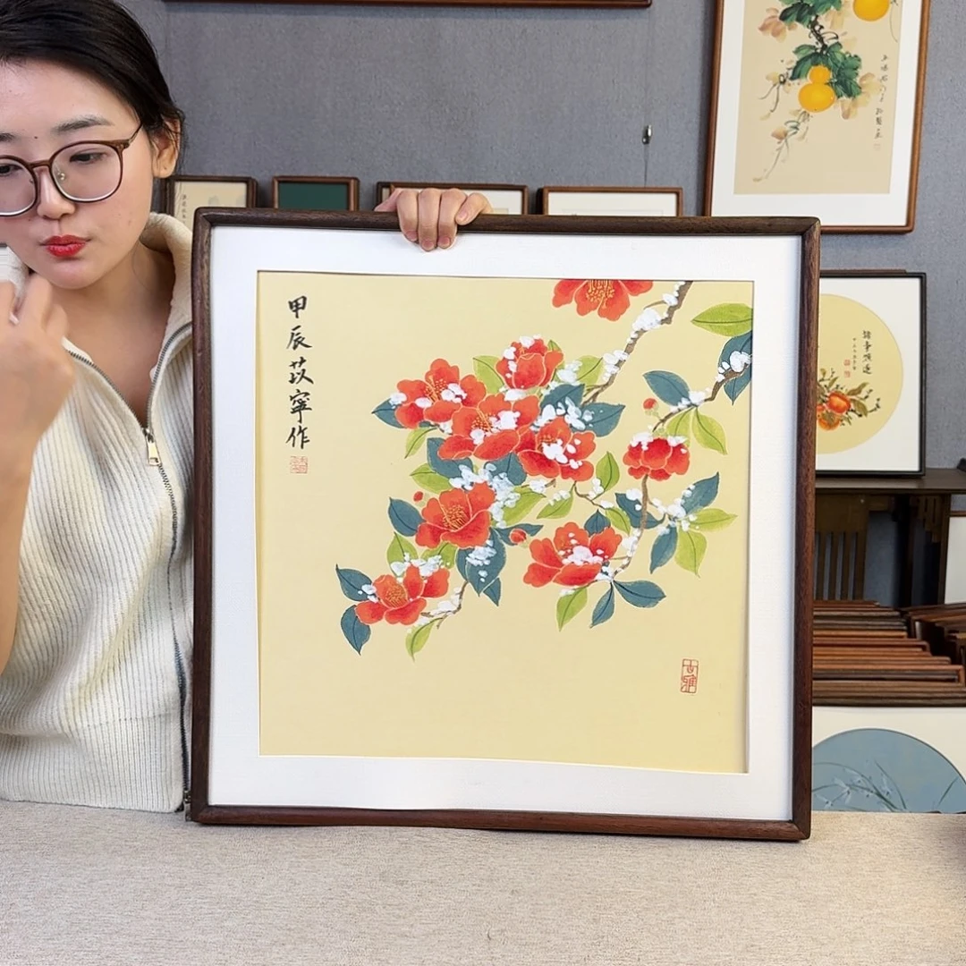 国画纯手绘，纯手写带框尺寸：53×53厘米