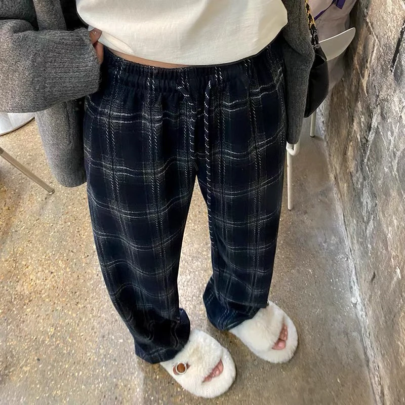 复古格子裤秋冬新款女高腰窄版直筒显瘦慵懒洋气百搭阔腿拖地裤