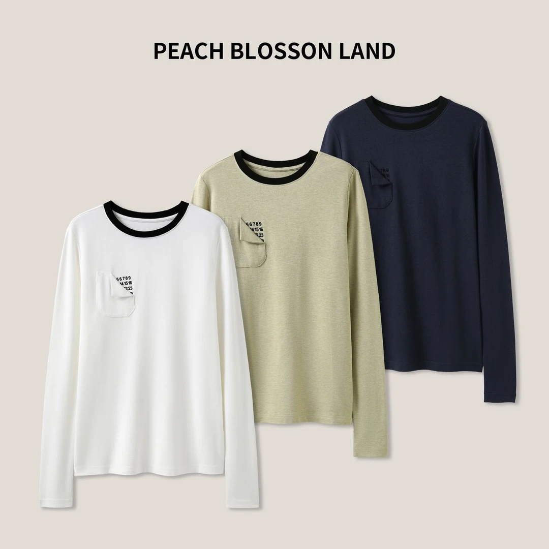 J女式圆领长袖T恤休闲百搭气质数字口袋上衣SS23188