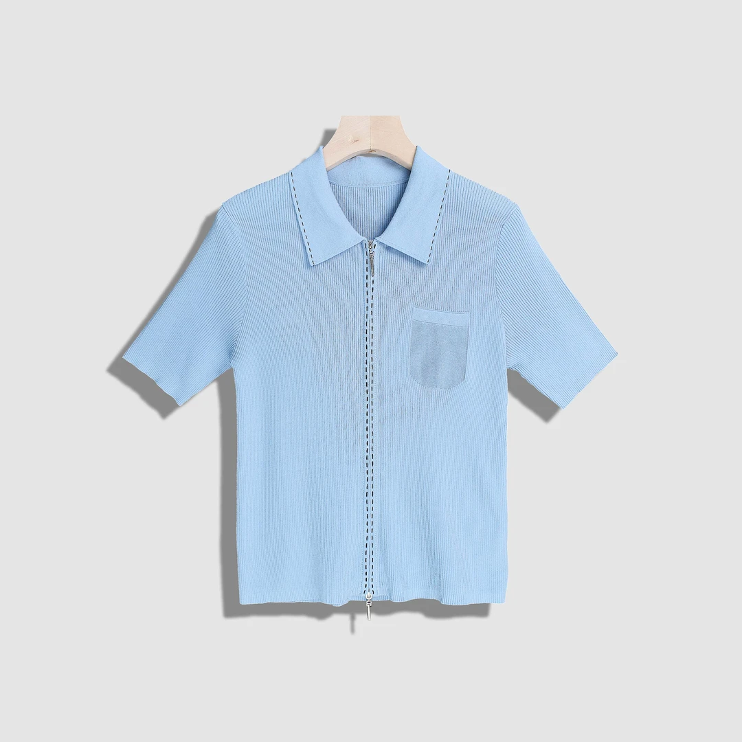 【蕊蕊】翻领针织开衫女2025夏新款通勤修身显瘦短款t恤上衣Y17201