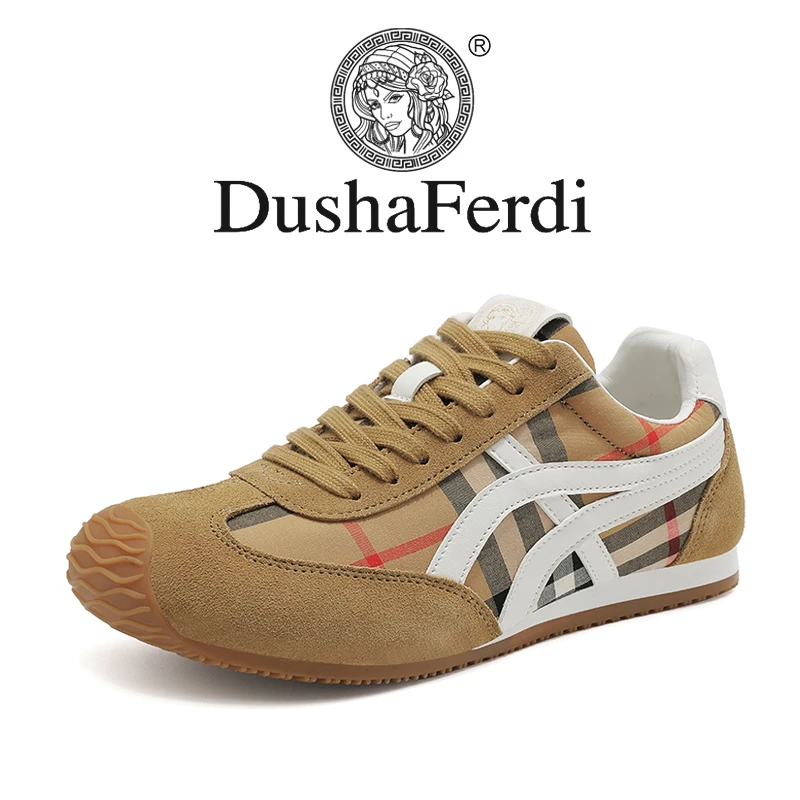 品牌美杜沙爆款格纹鞋真皮休闲鞋男鞋新款轻奢时尚百搭运动阿甘鞋