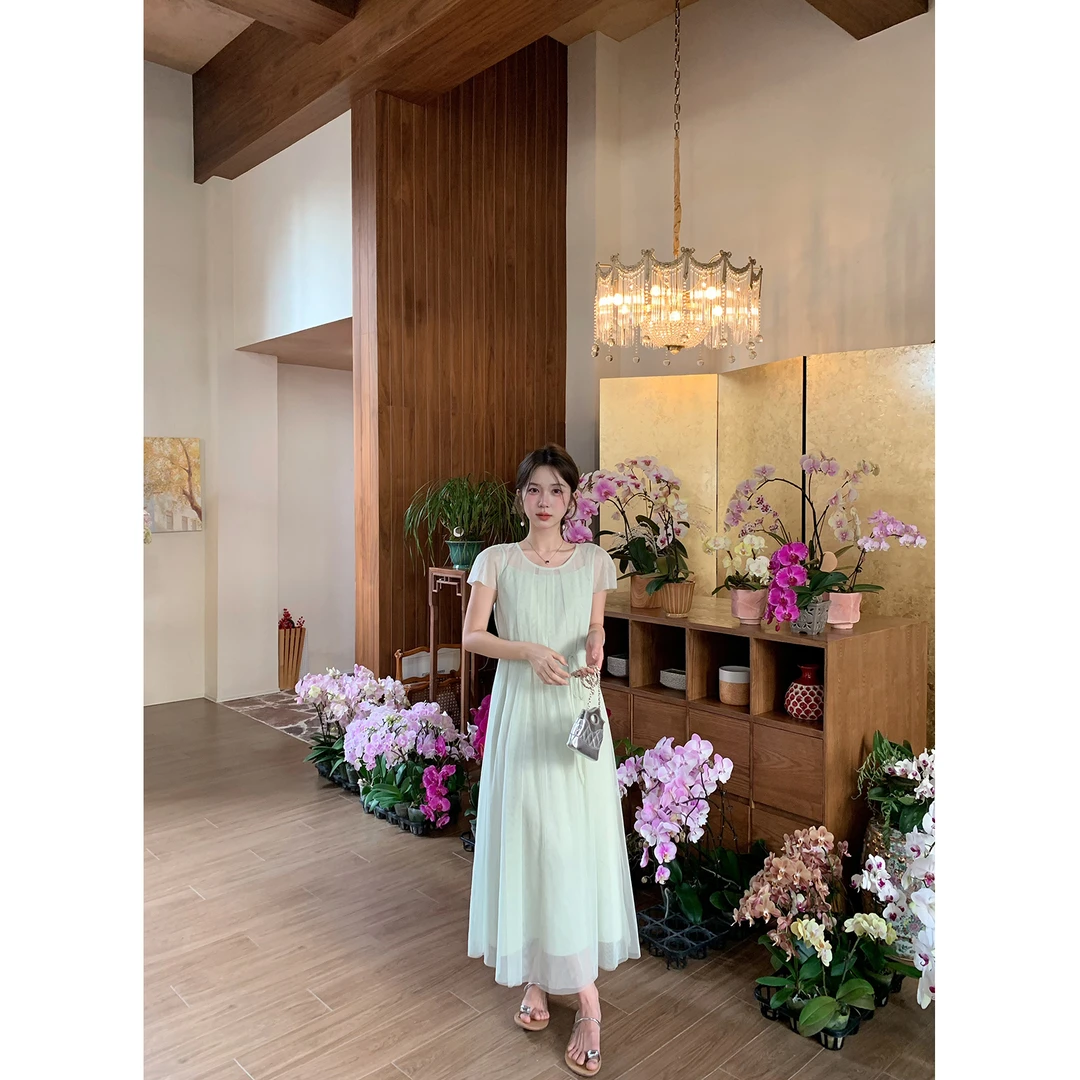 陳文文xenl【风浅薄荷】夏季新款温柔风简约圆领网纱两件套长裙2608