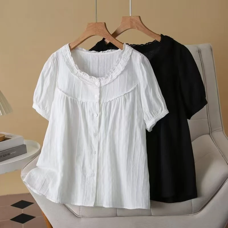 夏季设计感花边领短袖衬衫大码女装胖MM宽松显瘦遮肉百搭洋气上衣