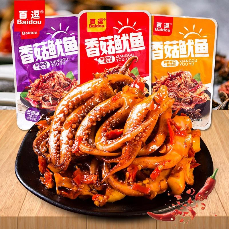 百逗香菇鱿鱼小包香辣烧烤味铁板鱿鱼须开袋即食零食小吃休闲食品