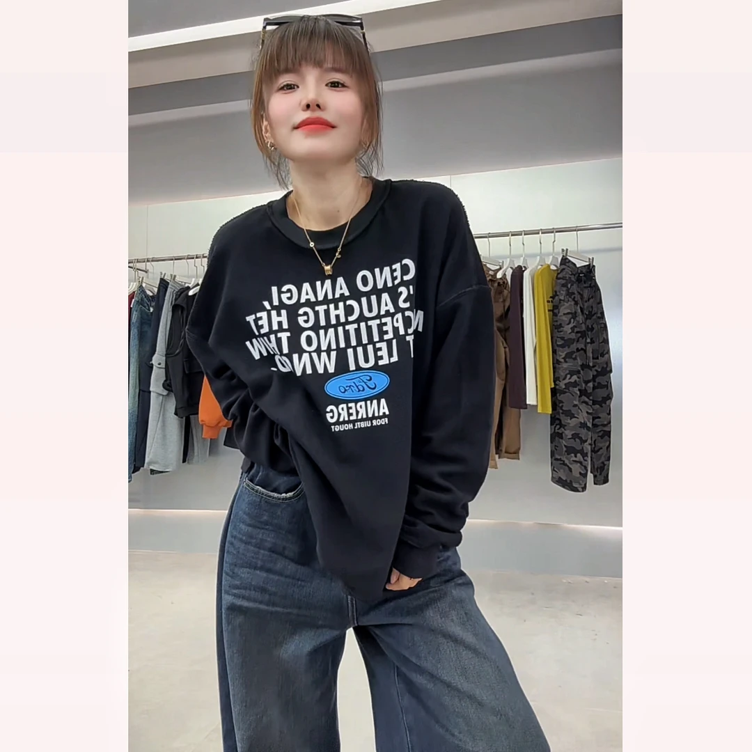 【YL严选】秋季新款双面多穿字母印花反做设计感休闲一排扣卫衣女潮