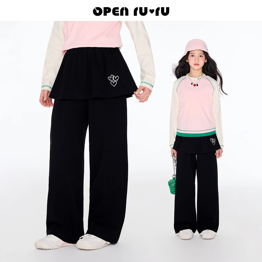 Opennunu女童爱心印花假两件裙裤春季儿童松紧腰设计感直筒长裤