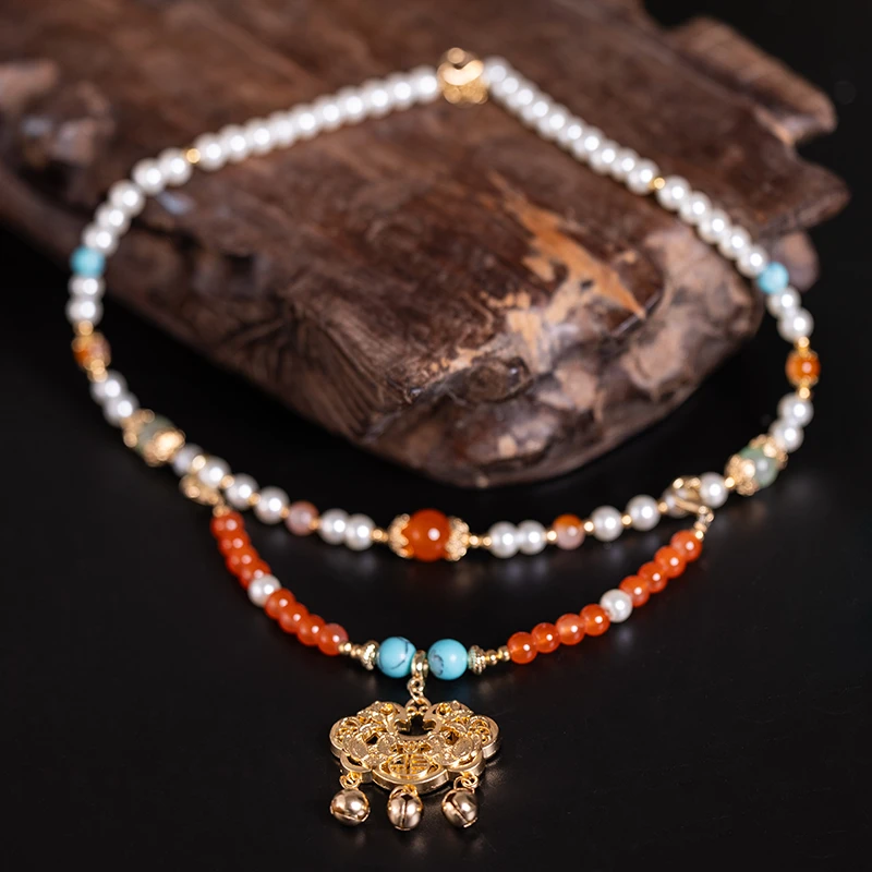 新中式平安锁橙色短璎珞汉服旗袍配饰