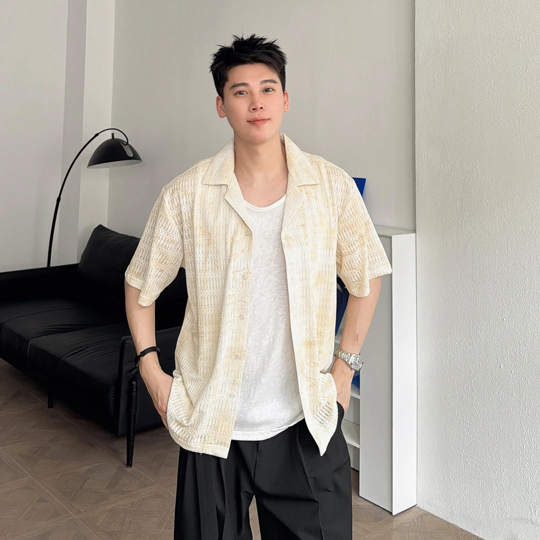 渣渣鹿高级感古巴领小众男士扎染短袖衬衫夏季透气度假风衬衣外套