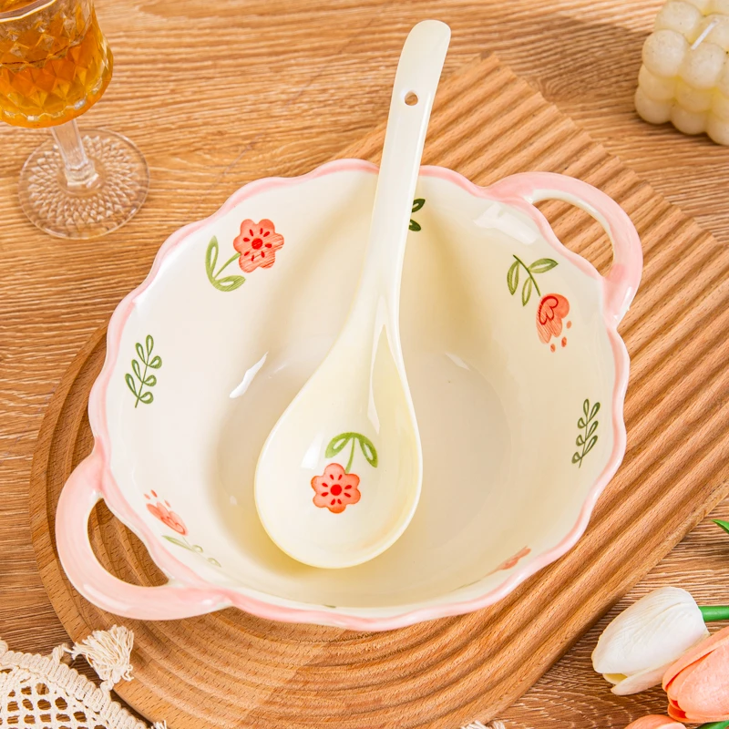 四季花釉下彩陶瓷餐具大号螺蛳粉专用汤盆大容量双耳汤碗大汤勺