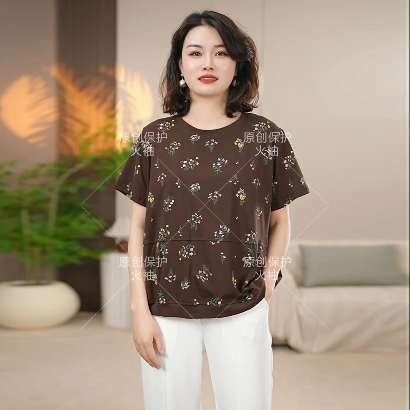 火袖G126休闲风气质圆领T恤小碎花宽松百搭显瘦夏季短袖拼接上衣
