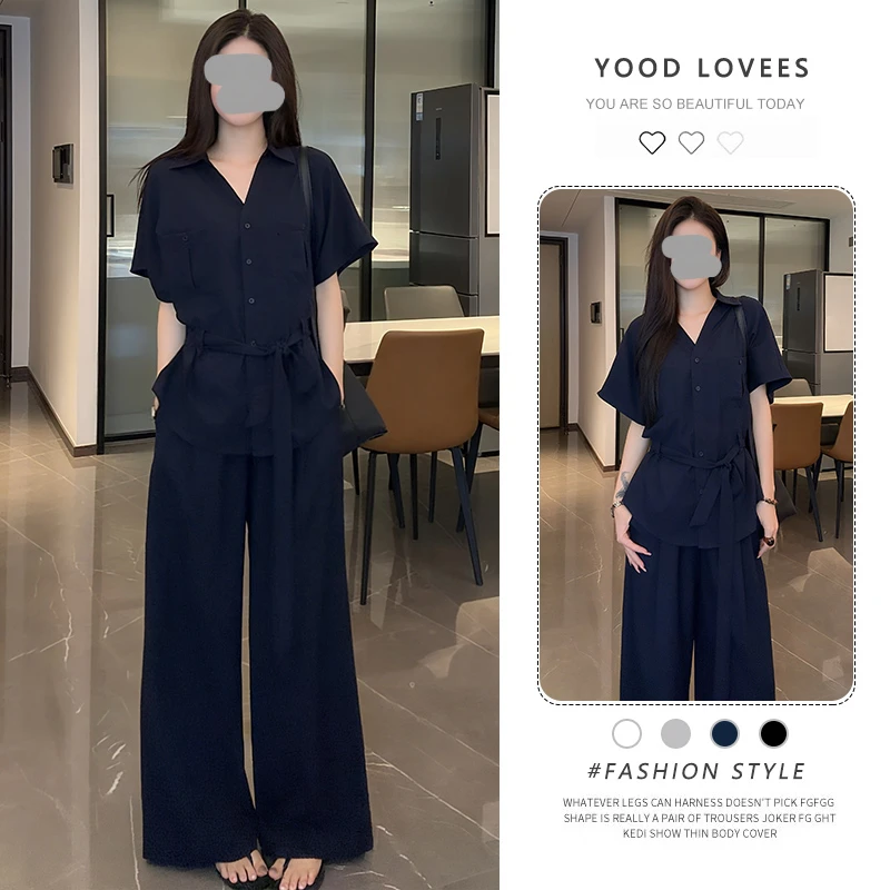 2025新款韩系短袖衬衫套装女夏季轻熟风通勤宽松阔腿裤休闲两件套