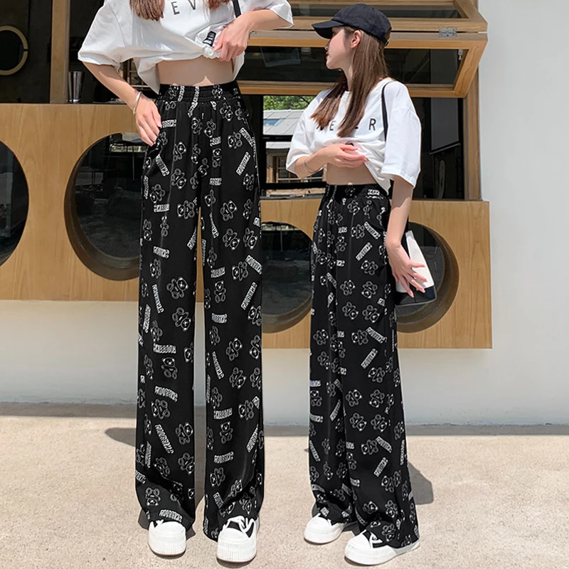 夏季网红爆款冰丝裤小狗印花裤宽松大码薄款潮高腰垂感阔腿裤