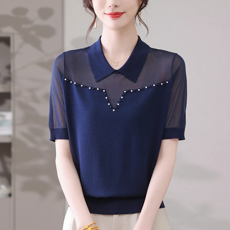 冰丝针织衫女士夏季大码蕾丝上衣宽松显瘦洋气薄款Polo领短袖T恤