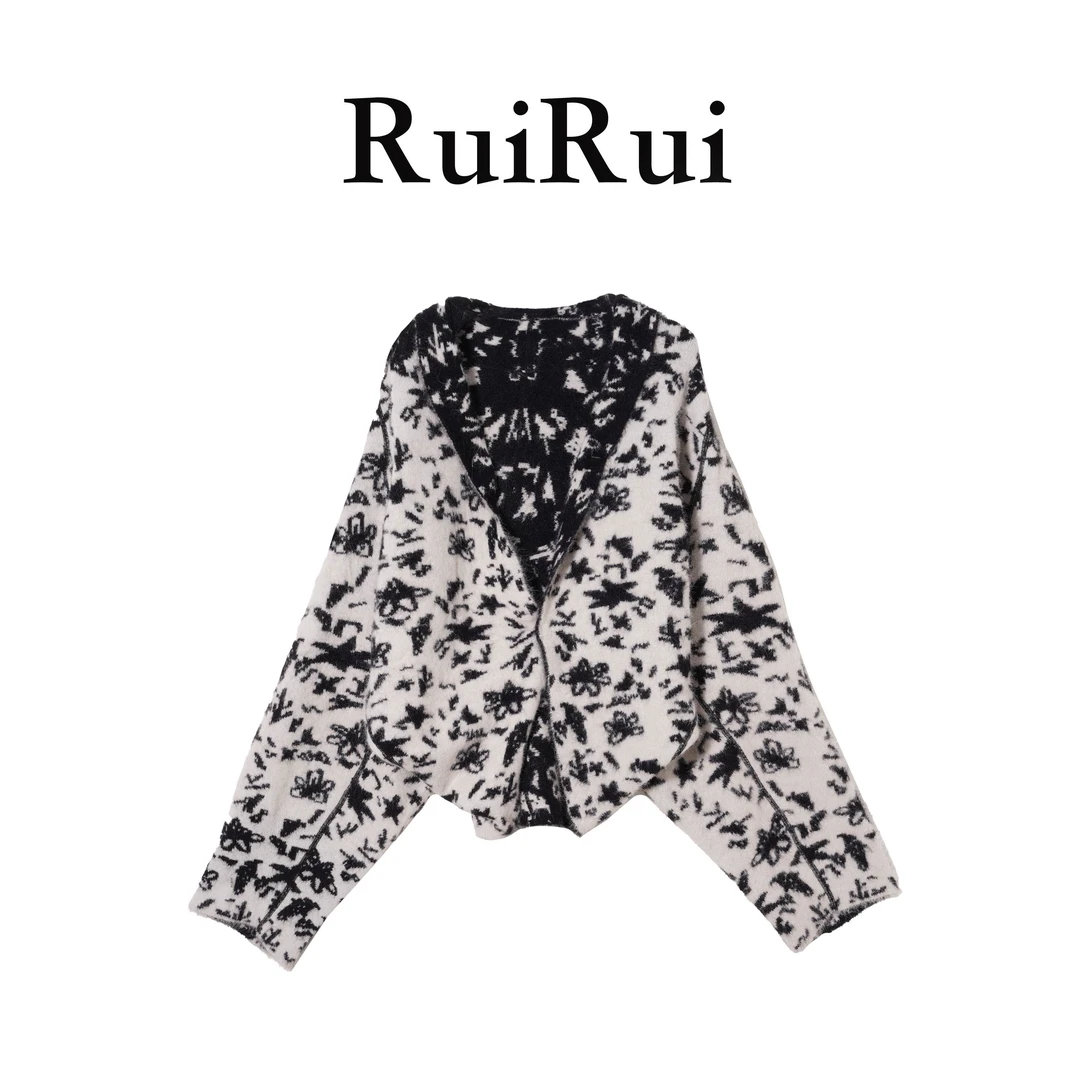 RUIRUI瑞25ss秋季法式气质黑白花纹外套针织开衫SY1266R