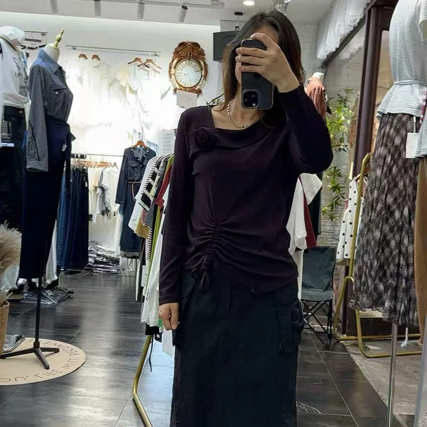 秋新款修身显瘦抽绳立体花设计感斜领小众名媛风长袖T恤小衫上衣