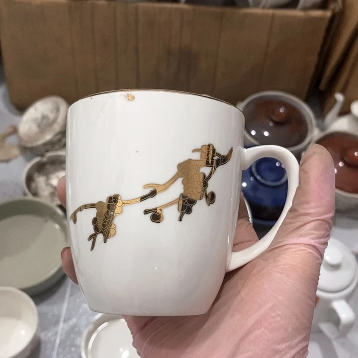 火***焰瓷片磁州窑雕金梅花茶杯