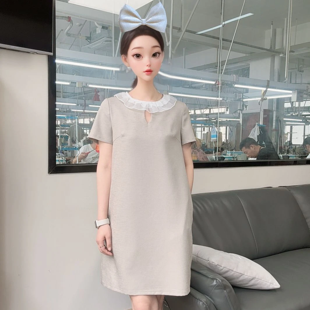 【HUIYING】法式显瘦时尚夏季宽松中长款短袖韩版蕾丝边女士连衣