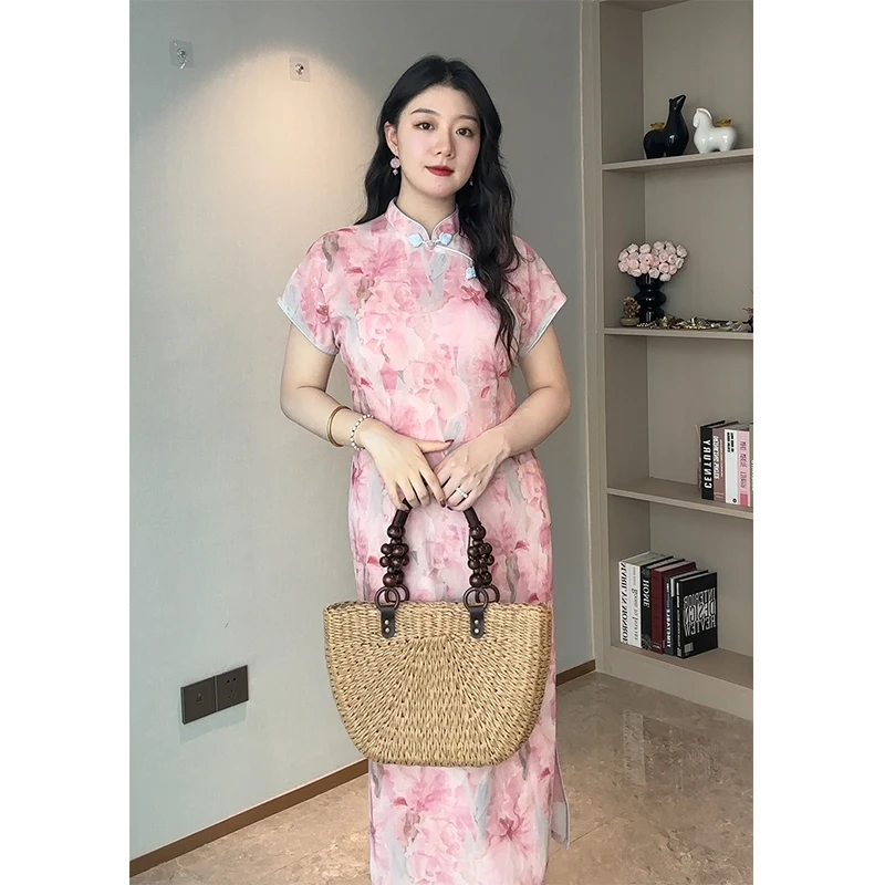 少女粉旗袍女大码胖mm气质复古日常改良版连身袖显瘦新中式连衣裙