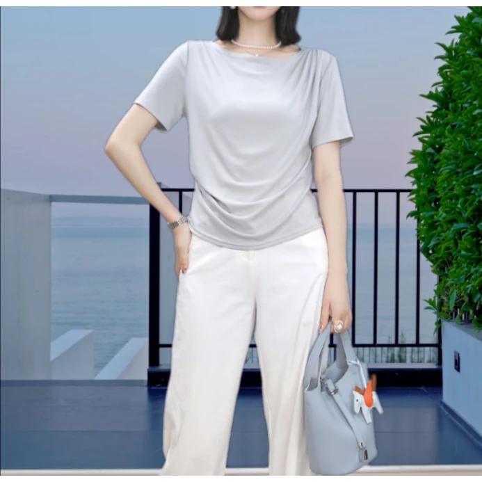 2025夏新款时尚抽褶洋气减龄百搭女装T恤轻奢纯色上衣