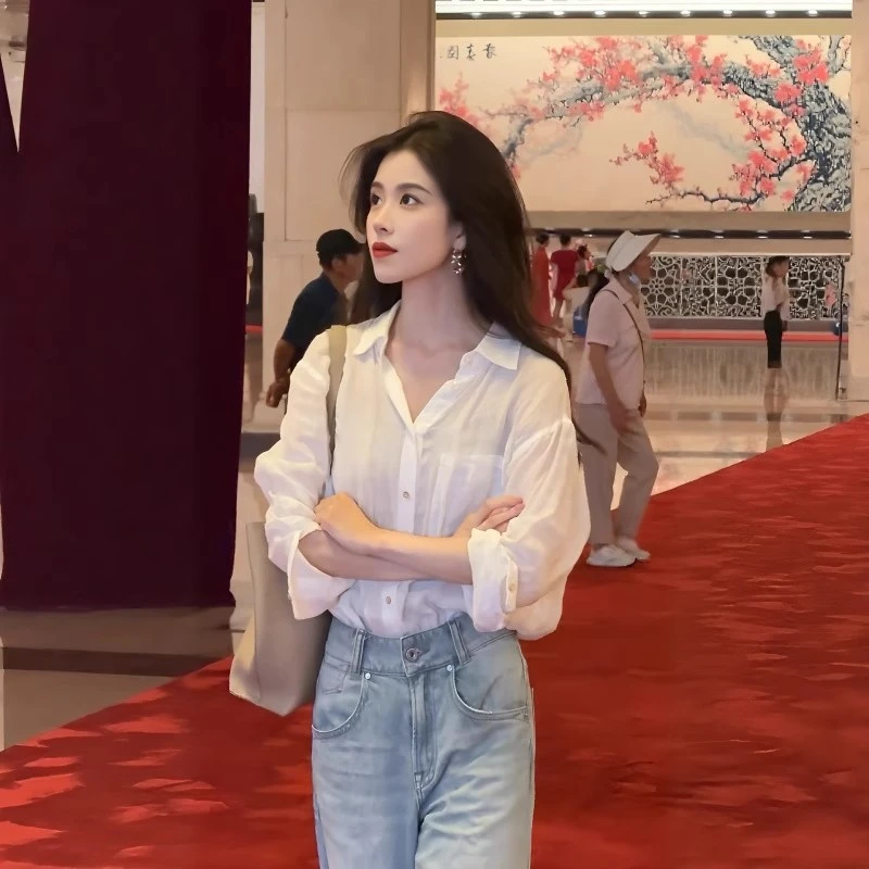 时尚高级宽松薄款防晒衬衫女初秋韩系慵懒风通勤长袖衬衣气质上衣