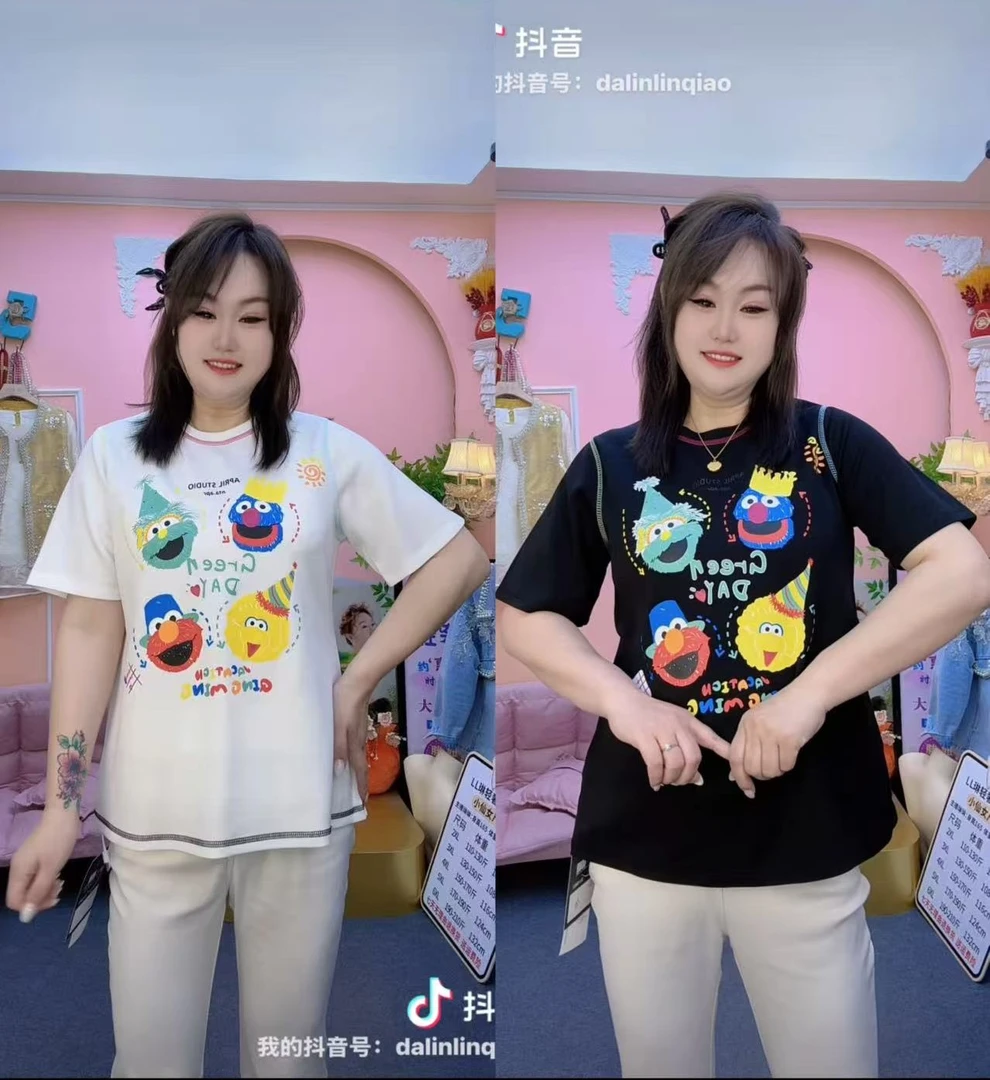 LL夏季新款重工明线芝麻卡通印花短袖T恤时尚百搭显瘦上衣ins0383