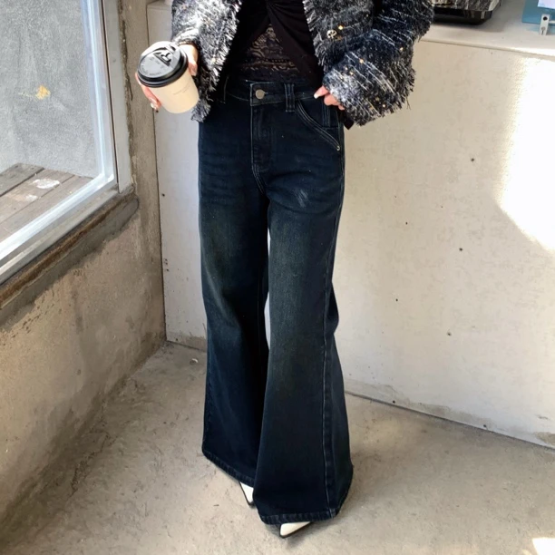 【赵小小&通搭全场 】Z-98065 加绒深蓝色做旧直筒休闲裤阔脚牛仔裤