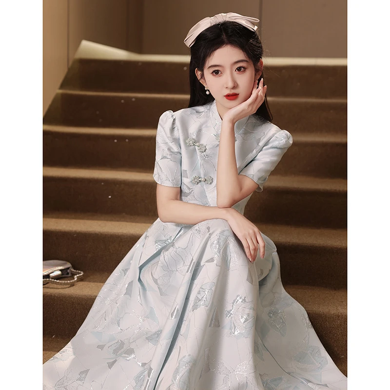 蓝色小晚礼服裙2025新款轻奢小众改良订婚旗袍高级年会晚宴连衣裙