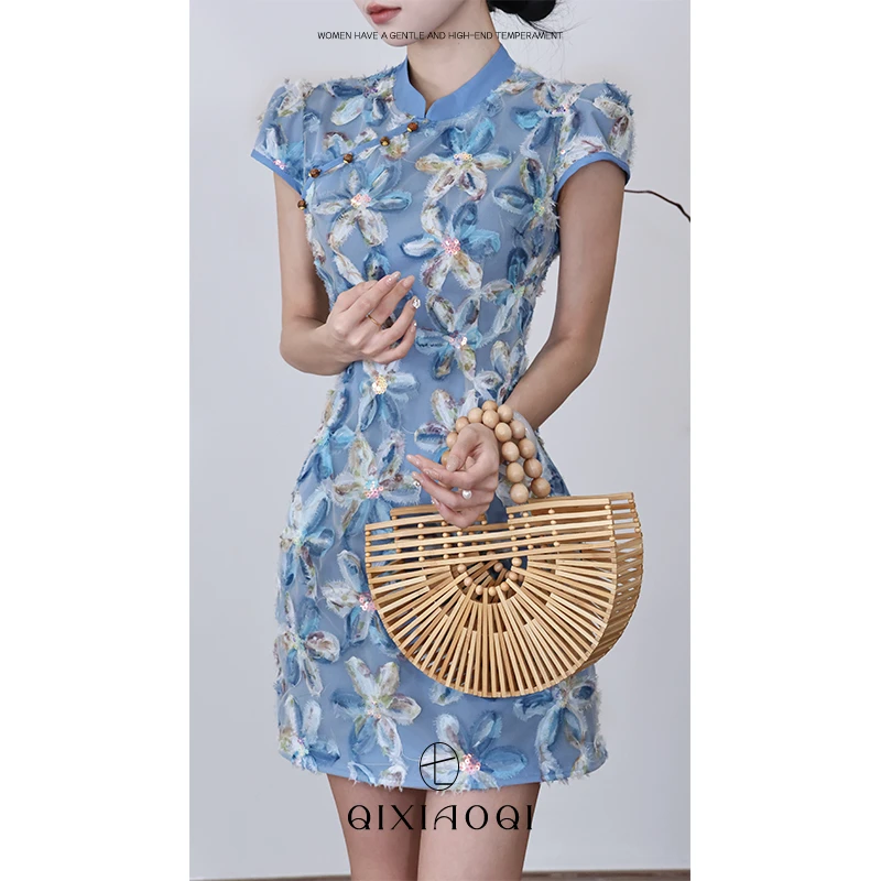 七小七Sicily【花笺影】新中式国风改良重工款蓝色旗袍短款连衣裙女