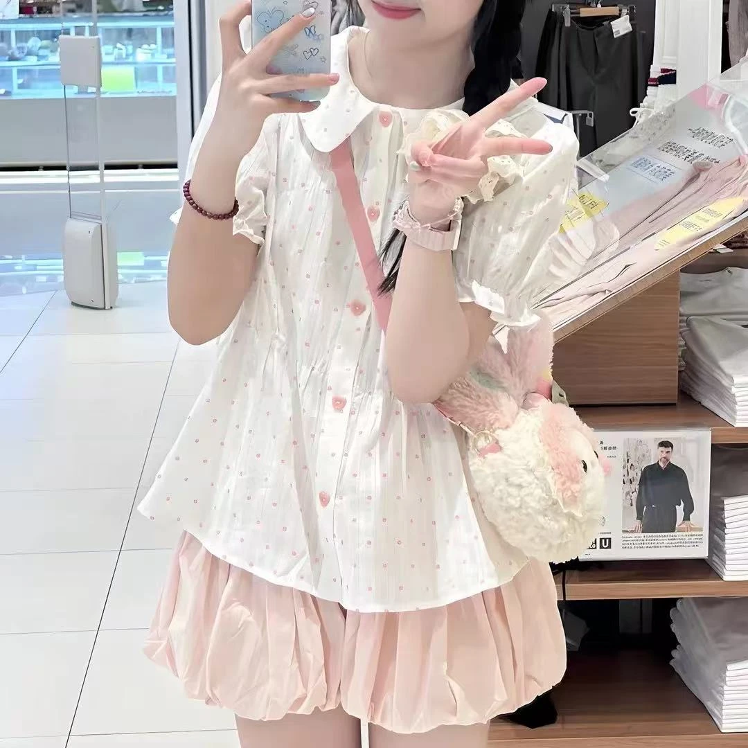 可爱甜妹套装新款爱心扣波点衬衫上衣女夏季粉色花苞裙两件套