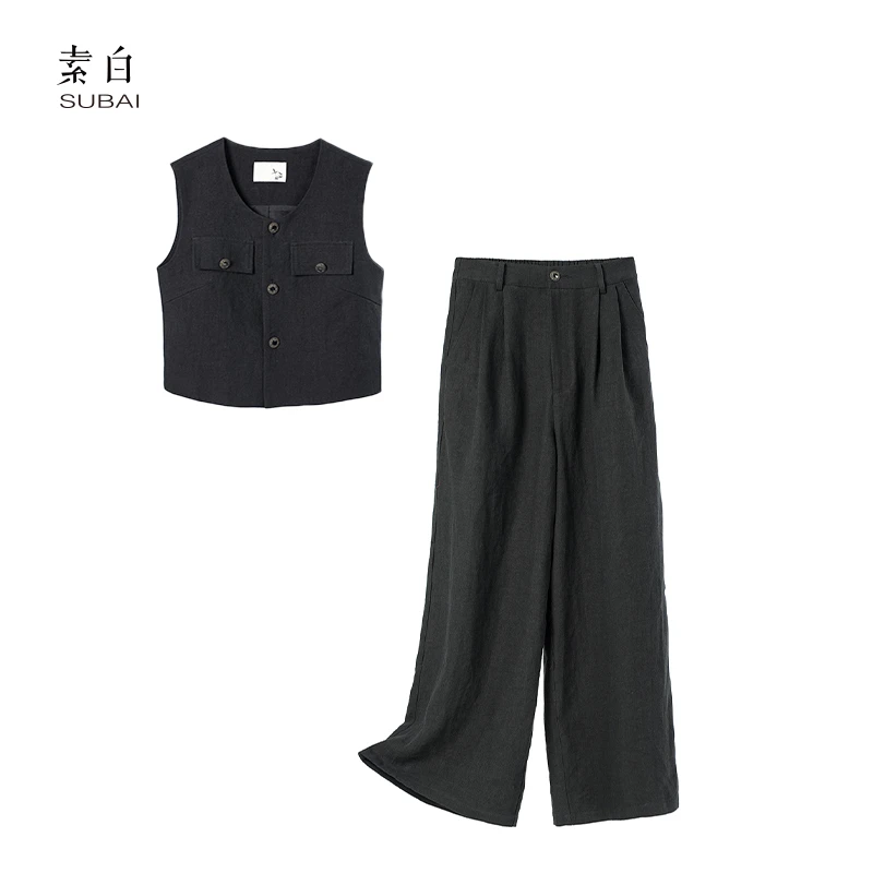 素白新中式【黑天鹅】Z01827经典极简亚麻马甲套装