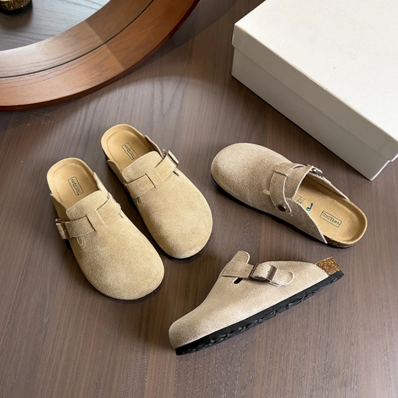 牛皮版~勃肯鞋一脚蹬单鞋女2025新款厚底软木博肯包头半拖鞋外穿