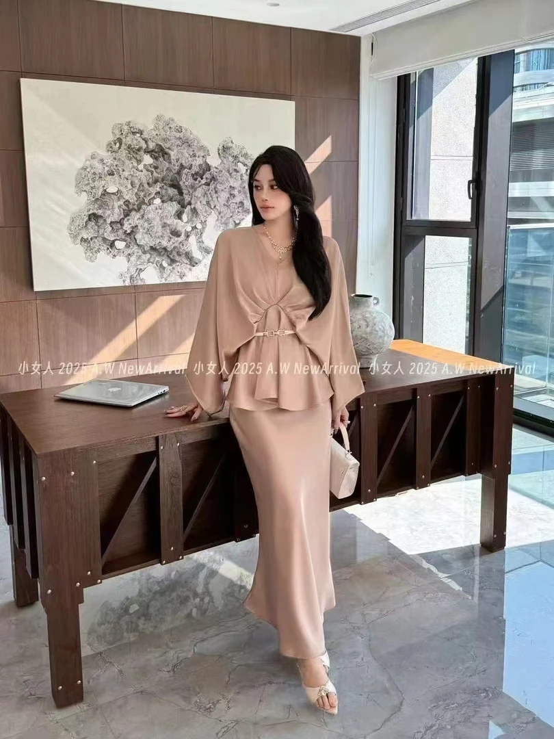 香槟金醋酸鱼尾吊带连衣裙套装气质轻奢网红名媛设计师