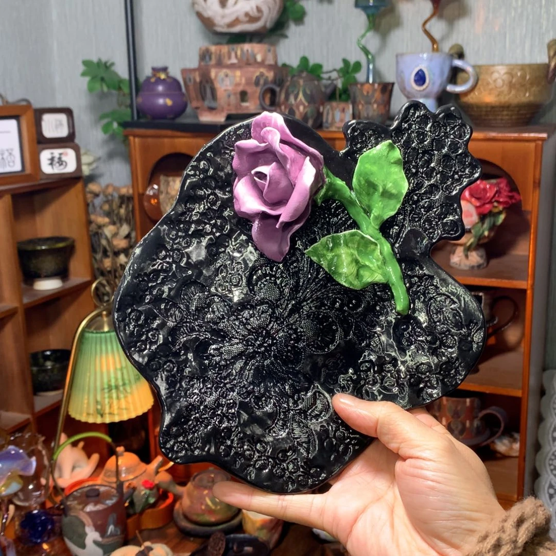 陶｜黑色蕾丝玫瑰盘（默认不完美）