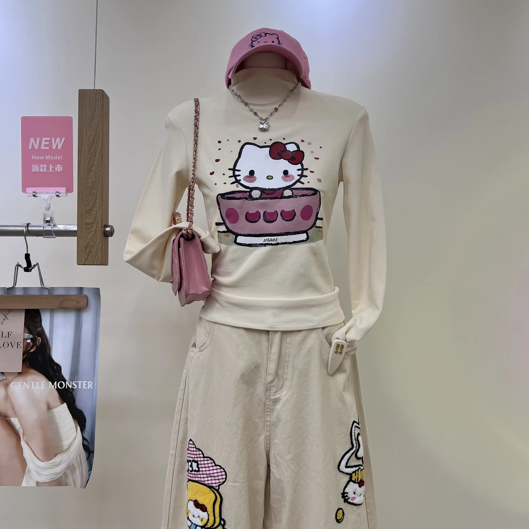 韩版半高领2025新款可爱kt喵印花冬加绒加厚长袖打底修身ins上衣