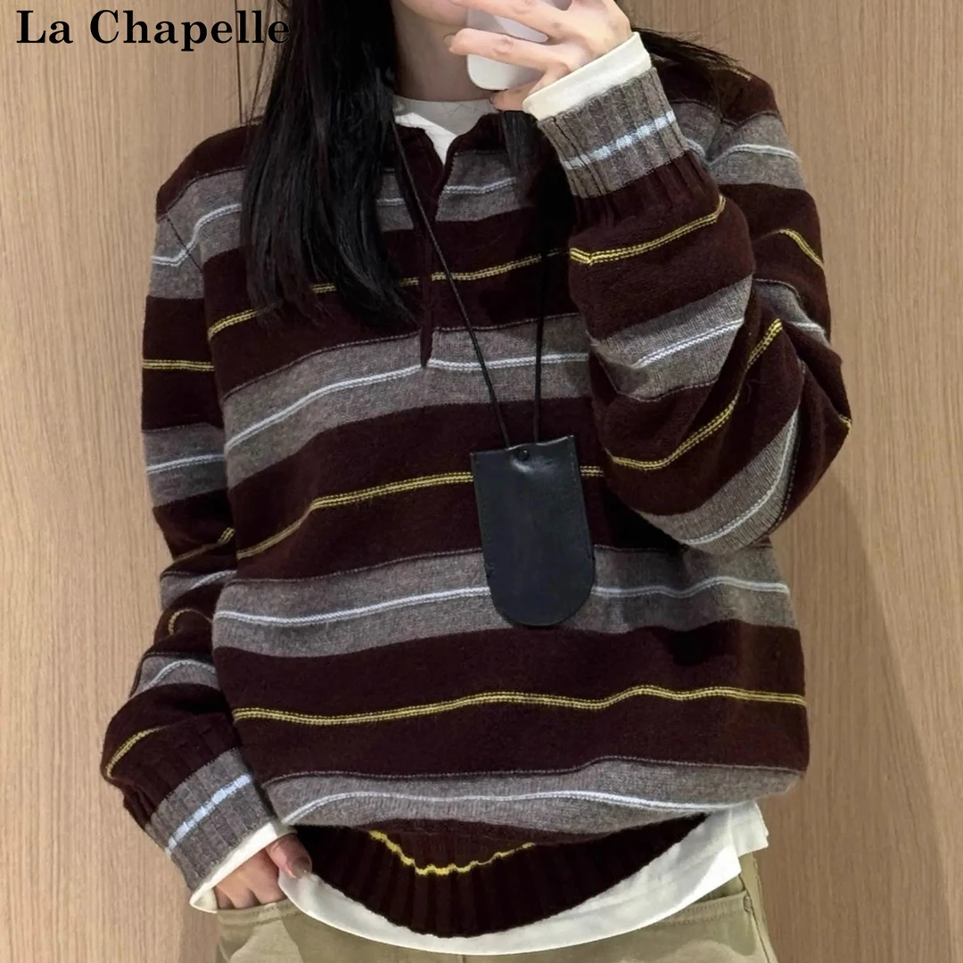 拉夏贝尔条纹针织打底衫女冬款复古慵懒风翻领撞色内搭厚毛衣上衣