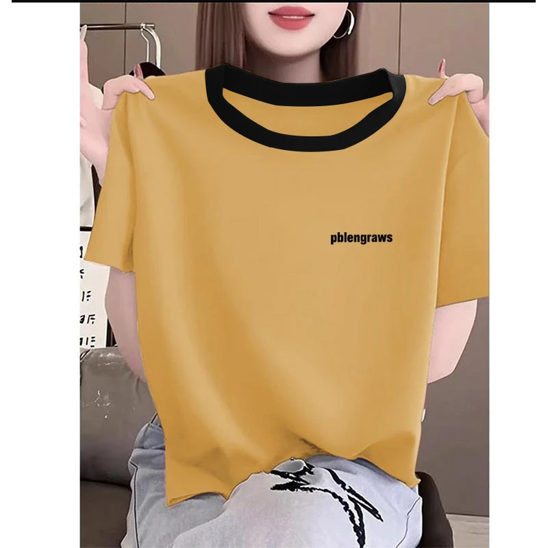 2025新款正肩纯棉短袖t恤女ins休闲百搭插色洋气撞色黄色上衣夏季