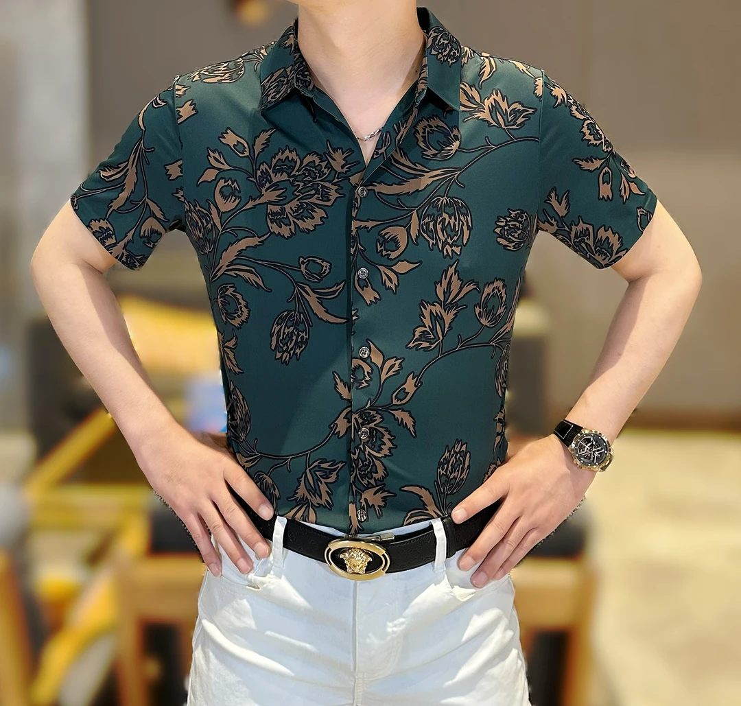 2025男士夏季新款时尚休闲薄款个性修身花朵印花衬衫领短袖T恤
