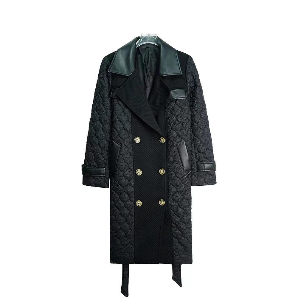 E02309【新款】高端轻奢长款黑色拼接西装领轻薄风衣外套3D