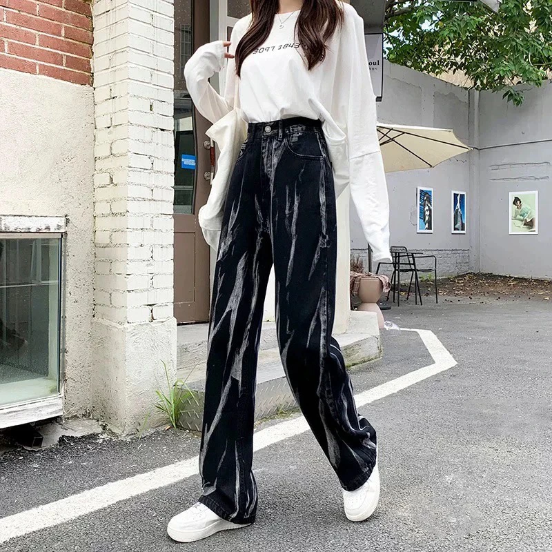 092#原宿扎染小众复古高街潮阔腿高腰喇叭牛仔裤女