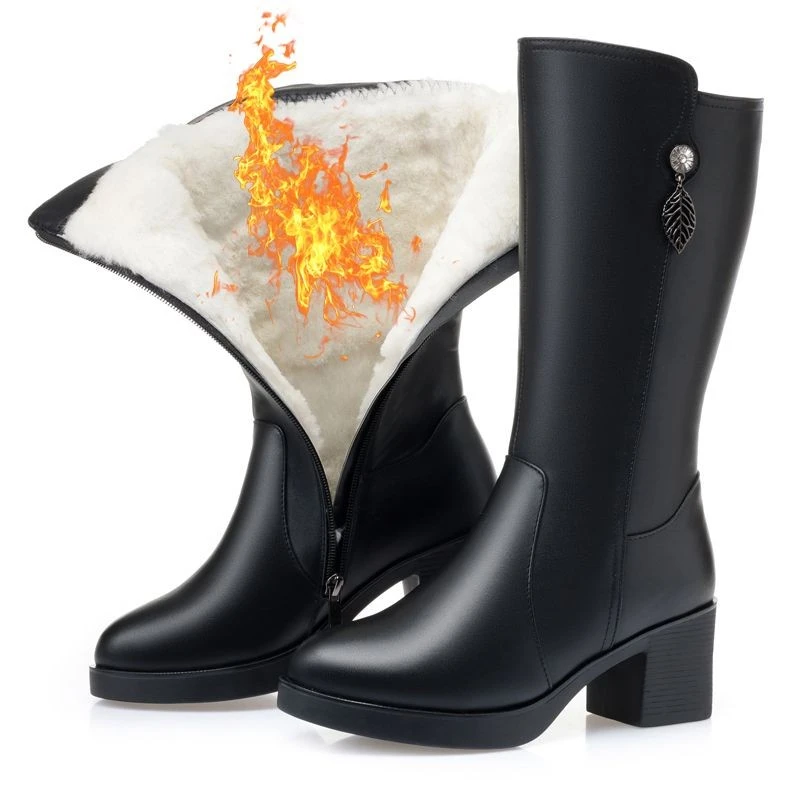 中筒靴羊毛女棉鞋冬加绒皮毛一体中跟真皮女靴大码中靴粗跟棉靴子