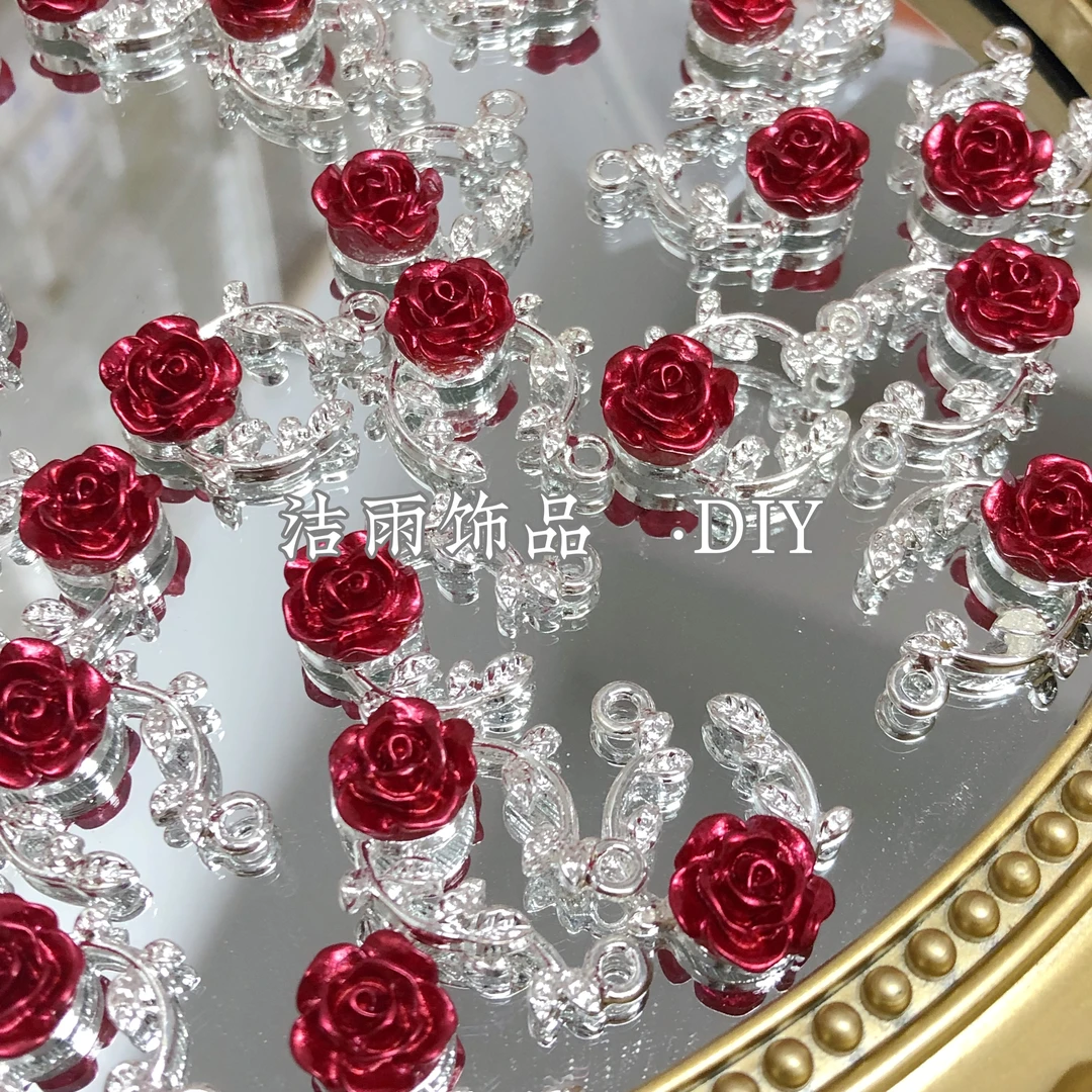 (洁雨饰品 DIY)  P779  “玫瑰花园”  银红玫瑰花枝保色挂坠diy