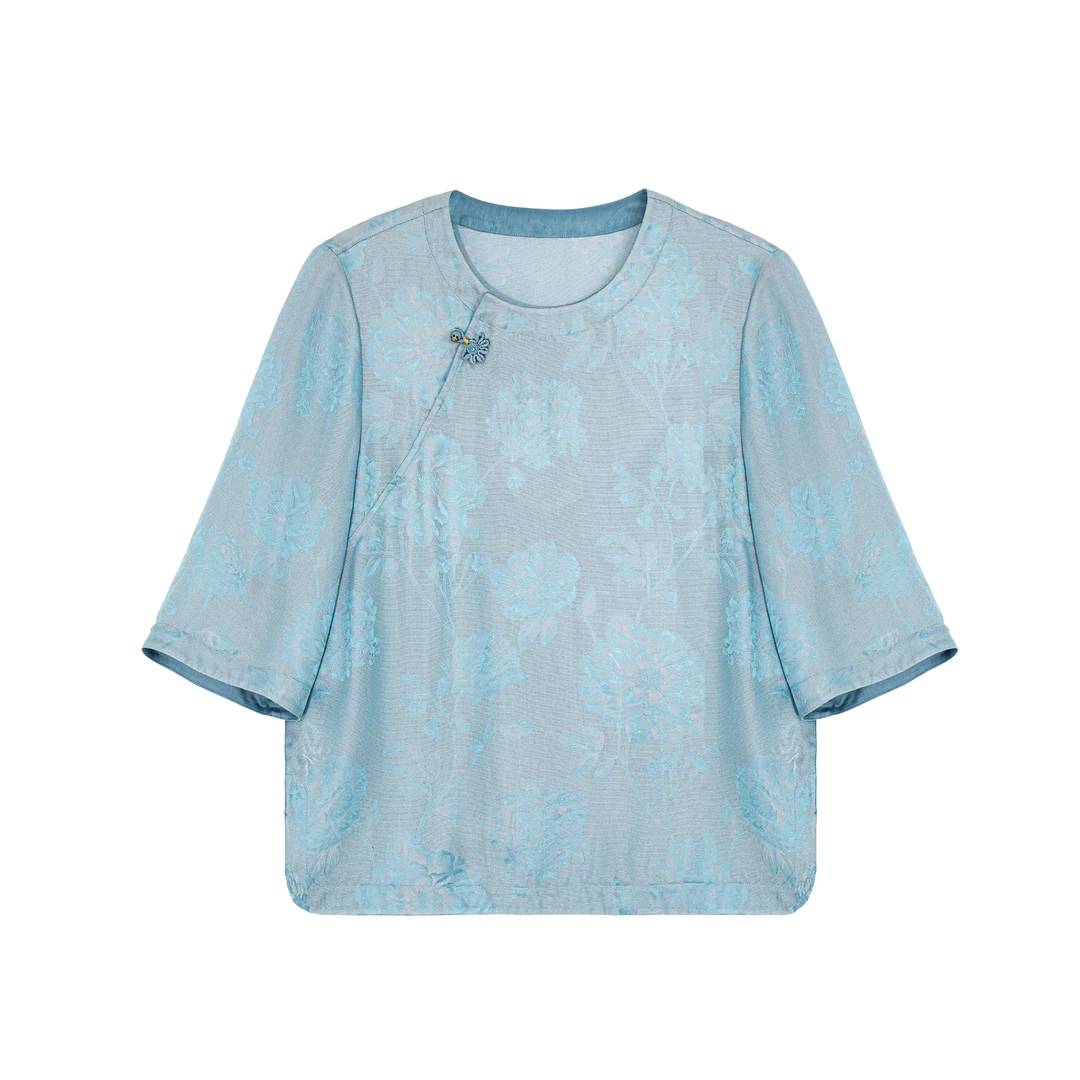 【蓝玉】新中式桑蚕丝圆领斜襟插肩小衫盘扣国风提花上衣A512118