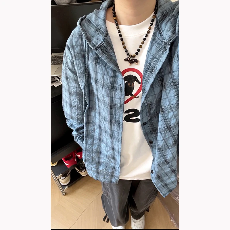 美式重磅连帽格子衬衫男夏季轻薄透气防晒格纹衬衣设计感情侣寸衫