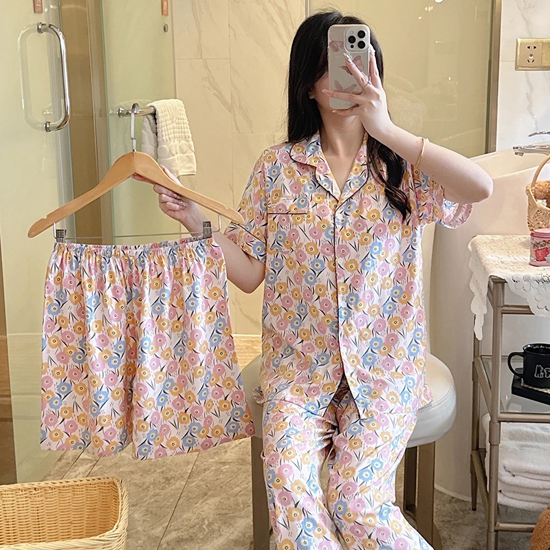 三件套棉绸睡衣女薄款短袖长裤绵绸家居服人造棉套装大码居家网红