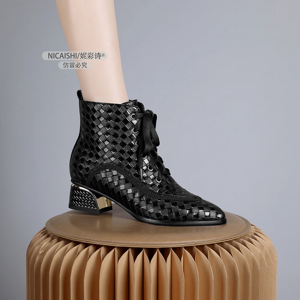 2024新款欧美系带洋气粗跟加绒裸靴气质简约通勤黑色时尚裸靴0918