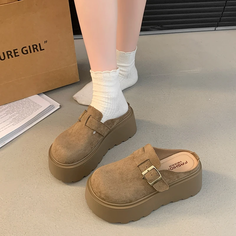 韩版时尚包头半拖鞋女款秋季厚底增高2025新款轻便防滑复古勃肯鞋