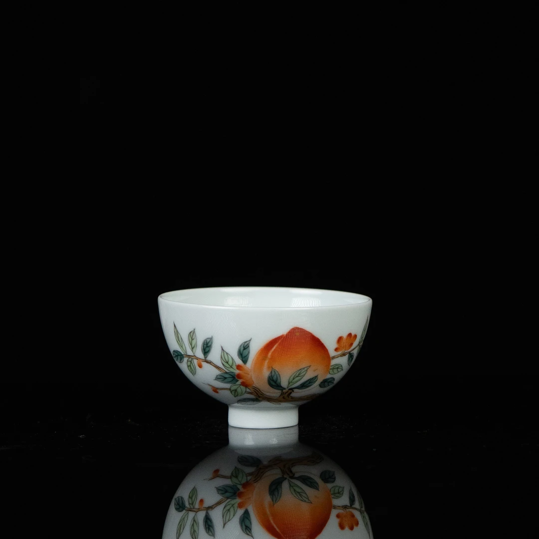 【利贞】粉彩寿桃鸡心杯约70cc纯手绘制茶具LQT