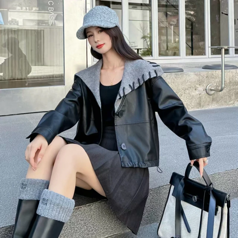 2025早秋新款时尚通勤高级感拼接海军领长袖皮衣显瘦外套女